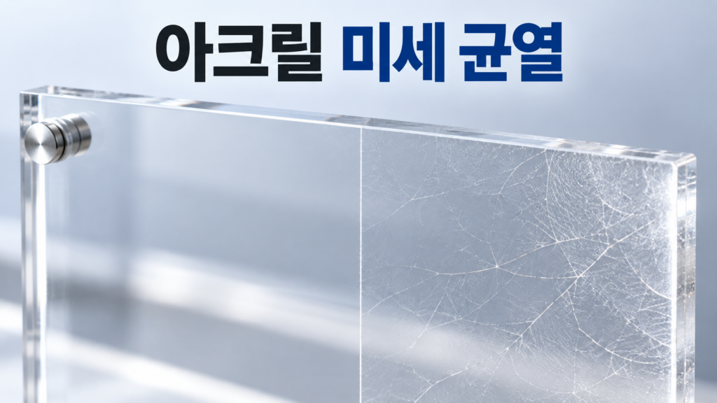 아크릴 표면에 미세한 균열이 생기는 재료 변화는 왜 발생할까 1 투명한 아크릴 판의 매끄러운 표면과 미세한 균열이 생긴 표면을 비교해 보여주는 정보성 대표 이미지