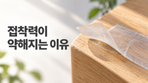 접착제가 시간이 지나면서 약해지는 재료 변화의 과정 7 밝은 원목 판에 붙은 반투명 접착테이프의 가장자리가 들뜨고 접착층에 미세한 균열이 나타난 모습을 통해 시간에 따른 접착제의 재료 변화를 보여주는 이미지