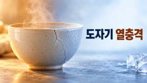 도자기가 갑작스러운 온도 차이로 갈라지는 재료 변화의 원리 4 따뜻한 쪽과 차가운 쪽으로 나뉜 배경 앞에 균열이 생긴 도자기 그릇이 놓여 있고, 오른쪽에 도자기 열충격이라는 문구가 크게 들어간 이미지