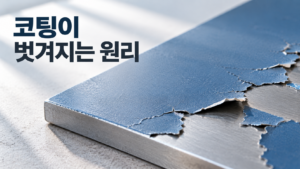 코팅된 표면이 시간이 지나면서 벗겨지는 재료 변화의 원리 2 뮤트블루 색상의 코팅이 적용된 금속 판에서 코팅층 일부가 들뜨고 벗겨지면서 아래의 금속 표면이 드러난 모습을 보여주는 이미지