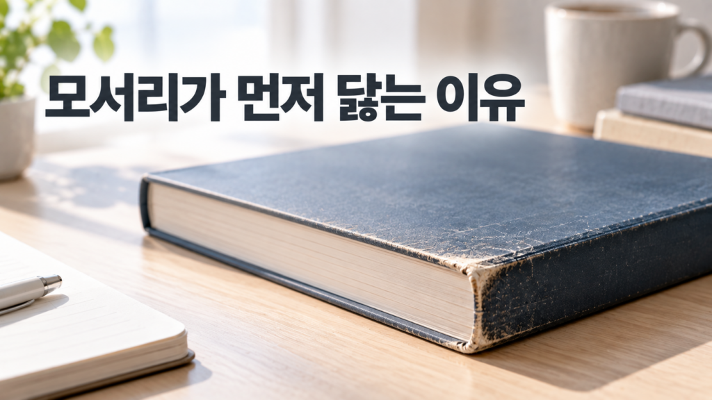 물건의 모서리가 먼저 닳는 현상으로 살펴보는 재료 변화의 원리 1 평평한 면은 비교적 깨끗하고 모서리 부분만 닳아 둥글어진 사각 물체를 통해 재료 변화와 마모 원리를 보여주는 이미지