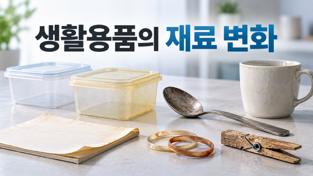 시간이 지나면서 생활용품에 재료 변화가 축적되는 이유 1 플라스틱, 금속, 종이, 목재, 고무로 된 생활용품이 한 작업대 위에 놓여 있고 각 재료마다 시간이 지나며 누적된 미세한 표면 변화가 보이는 이미지