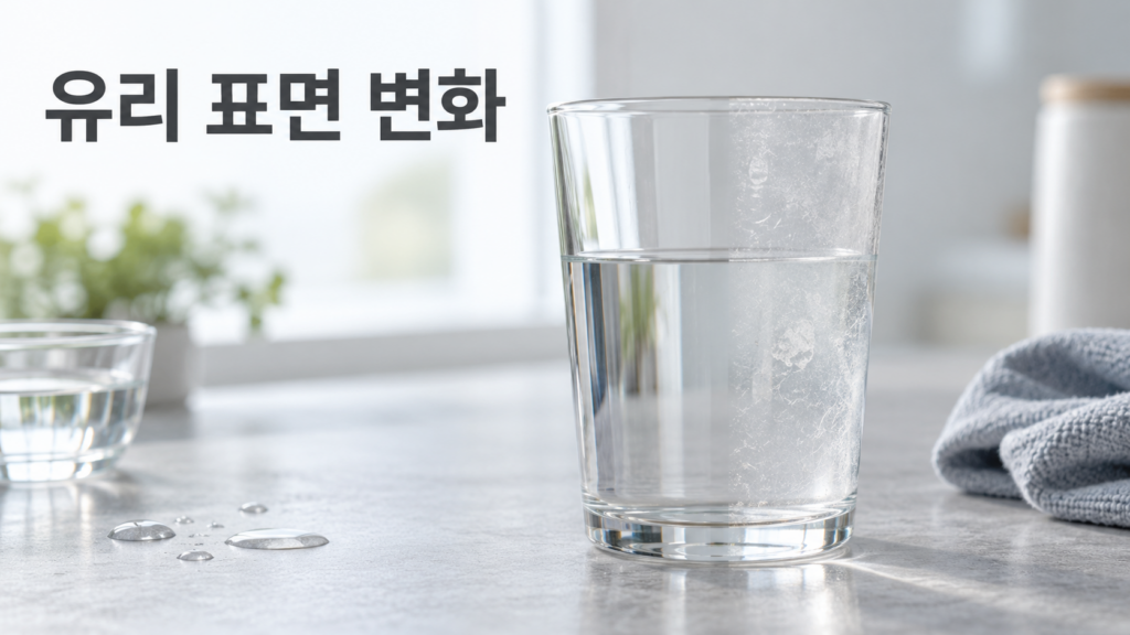 유리 표면에도 장기간 사용으로 재료 변화가 나타날 수 있는 이유 1 깨끗한 부분과 미세한 흠집 및 흐릿한 흔적이 있는 부분이 함께 보이는 유리 표면을 통해 장기간 사용에 따른 재료 변화를 보여주는 이미지
