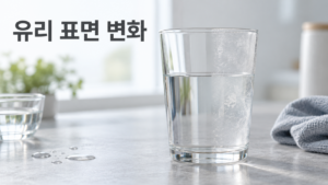 유리 표면에도 장기간 사용으로 재료 변화가 나타날 수 있는 이유 9 깨끗한 부분과 미세한 흠집 및 흐릿한 흔적이 있는 부분이 함께 보이는 유리 표면을 통해 장기간 사용에 따른 재료 변화를 보여주는 이미지