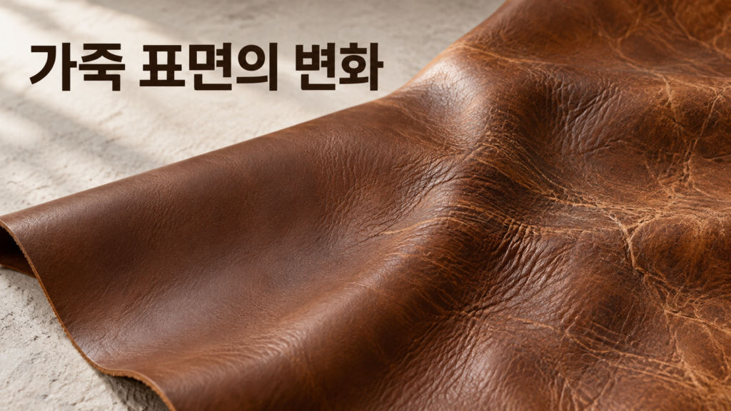 오래 사용한 가죽 표면에 나타나는 재료 변화의 원리 1 오랜 사용으로 천연가죽 표면에 주름과 미세한 마찰 흔적, 색상 및 광택 변화가 나타난 모습을 보여주는 이미지