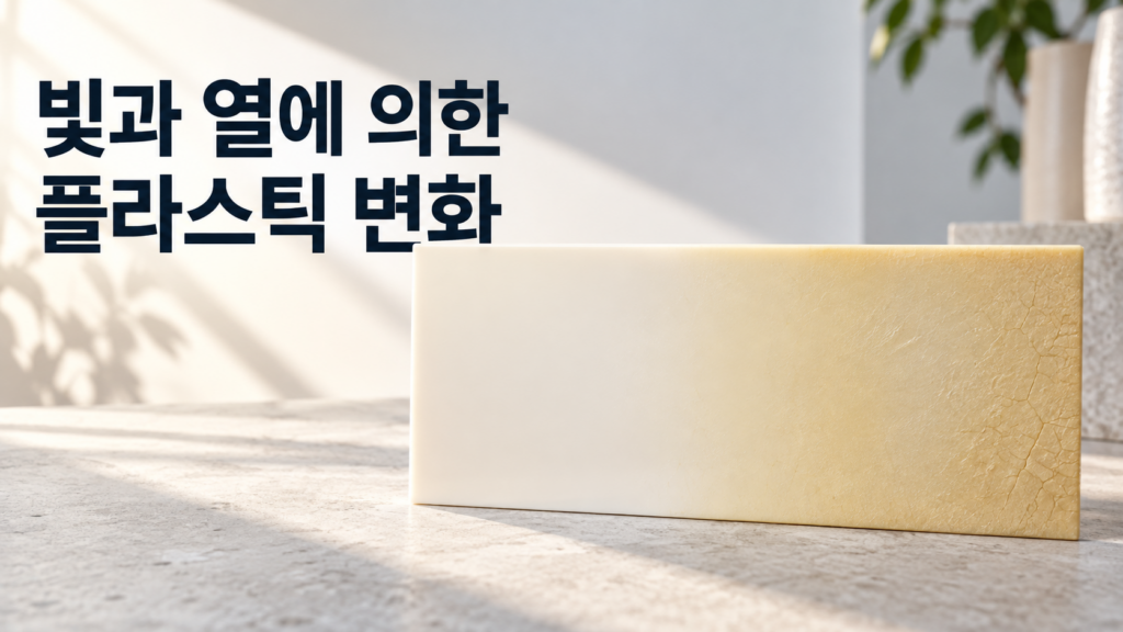 빛과 열이 함께 작용할 때 플라스틱의 재료 변화가 달라지는 과정 1 햇빛을 받는 아이보리색 플라스틱 판의 표면에 부분적인 황변과 광택 변화, 미세한 균열이 나타난 모습을 보여주는 이미지