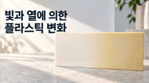 빛과 열이 함께 작용할 때 플라스틱의 재료 변화가 달라지는 과정 7 햇빛을 받는 아이보리색 플라스틱 판의 표면에 부분적인 황변과 광택 변화, 미세한 균열이 나타난 모습을 보여주는 이미지