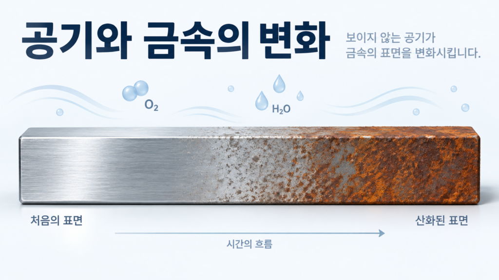 금속이 공기와 접촉하면서 나타나는 재료 변화의 원리 1 왼쪽은 매끄러운 금속 표면이고 오른쪽은 산화와 부식으로 거칠어진 금속 표면으로 변해 가는 모습을 보여주는 정보성 대표 이미지