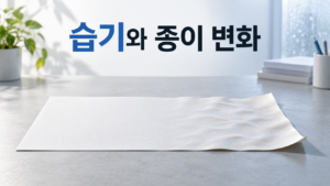 습도와 건조가 반복될 때 종이에 나타나는 재료 변화의 특징 6 평평한 종이와 가장자리가 살짝 말리고 표면에 굴곡이 생긴 종이를 함께 보여주며 습도와 건조 반복에 따른 종이의 형태 변화를 표현한 이미지