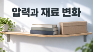 압력을 지속적으로 받은 물체에서 재료 변화가 생기는 이유 1 무게가 올려진 선반이 시간이 지나며 아래로 조금씩 휘어진 모습을 통해 압력에 의한 재료 변화를 보여주는 이미지