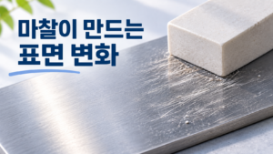 반복적인 마찰이 물체 표면의 재료 변화를 만드는 과정 3 매끄러운 금속 판의 일부에 반복적인 마찰로 생긴 미세한 긁힘과 마모 흔적이 나타나 있으며, 표면 위에 세라믹 블록이 놓인 모습