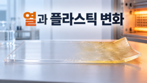열을 반복해서 받은 플라스틱에서 나타나는 재료 변화의 특징 8 반복적인 열 노출로 인해 플라스틱 판재의 일부가 휘어지고 옅게 변색되며 표면 광택이 달라진 모습을 표현한 이미지