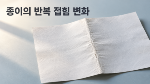 접었다 펴는 행동이 반복될 때 종이에 생기는 재료 변화 3 반복해서 접었다 펼친 흰색 종이의 중앙 접힘선에 선명한 자국과 미세한 표면 변화가 나타난 모습