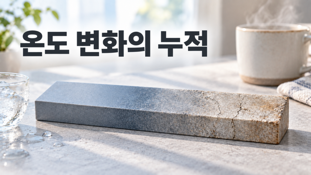 온도 변화가 반복될수록 재료 변화가 누적되는 과정 1 반복적인 온도 변화로 표면이 점차 변한 재료 샘플을 중심으로 재료 변화의 누적 과정을 보여주는 대표 이미지