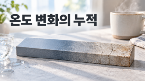온도 변화가 반복될수록 재료 변화가 누적되는 과정 9 반복적인 온도 변화로 표면이 점차 변한 재료 샘플을 중심으로 재료 변화의 누적 과정을 보여주는 대표 이미지