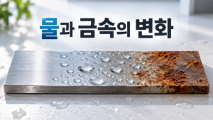 물과 반복해서 접촉한 금속에서 나타나는 재료 변화의 과정 4 물방울이 맺힌 철제 판재의 일부 표면에 적갈색 산화 흔적이 나타나고, 물과 반복적으로 접촉하면서 금속의 색상과 광택이 달라지는 모습을 표현한 이미지
