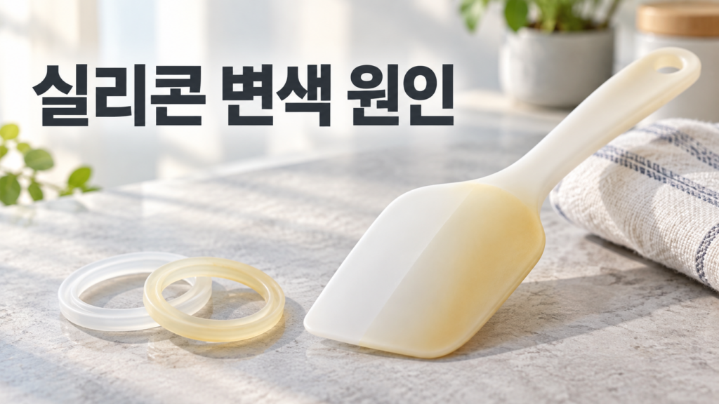 실리콘이 장기간 사용되면서 변색되는 재료 변화의 원인 1 흰색에서 연한 황갈색으로 점차 변색된 실리콘 주걱과 색상이 다른 실리콘 고무 링을 통해 장기간 사용에 따른 재료 변화를 보여주는 이미지