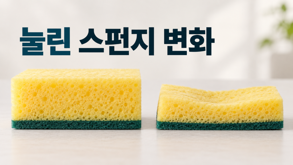스펀지가 오래 눌린 뒤 원래 모양으로 돌아오지 않는 재료 변화 1 두 개의 스펀지를 비교해 왼쪽은 원래 형태를 유지하고 오른쪽은 오래 눌려 납작해진 상태를 보여주는 재료 변화 대표 이미지