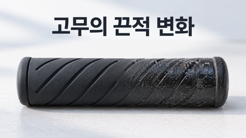 고무가 끈적거리기 시작할 때 나타나는 재료 변화의 과정 1 표면이 매끈한 상태에서 점차 번들거리고 끈적해지는 고무 물체를 보여주는 정보성 대표 이미지