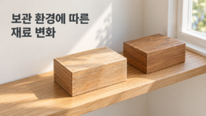 서로 다른 환경에 보관한 물건에서 재료 변화가 달라지는 이유 8 햇빛이 드는 창가와 빛이 적은 선반 안쪽에 놓인 두 개의 원목 상자가 서로 다른 표면 상태를 보이는 모습
