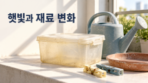 햇빛에 오래 노출된 플라스틱에서 재료 변화가 나타나는 이유 6 햇빛이 비치는 창가에 놓인 오래된 플라스틱 생활용품의 색 바램과 표면 변화를 보여주며 재료 변화를 설명하는 대표 이미지