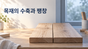 온도 차이가 목재의 수축과 팽창 같은 재료 변화를 만드는 이유 2 따뜻한 햇빛과 서늘한 그림자가 공존하는 실내에서 목재 판의 미세한 틈과 상태 차이를 보여주며 목재의 수축과 팽창을 설명하는 대표 이미지