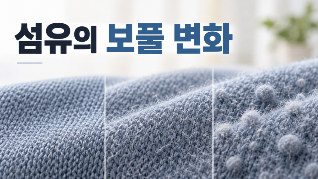 섬유에 보풀이 생기는 과정에서 나타나는 재료 변화의 원리 1 매끄러운 직물 표면이 점차 잔털과 보풀로 변하는 과정을 보여주는 섬유 재료 변화 대표 이미지
