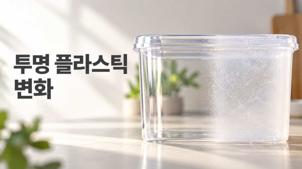 투명 플라스틱이 점차 뿌옇게 보이는 재료 변화의 원인 1 맑은 부분과 뿌연 부분이 함께 보이는 투명 플라스틱 오브제를 통해 투명도 저하와 재료 변화를 설명하는 에디토리얼 대표 이미지