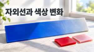 자외선이 색을 가진 물체의 재료 변화에 영향을 주는 이유 5 햇빛이 들어오는 창가에 놓인 파란색 플라스틱 판재가 자외선 노출에 따라 점차 색이 바래고 표면 광택이 줄어드는 재료 변화를 보여주는 이미지
