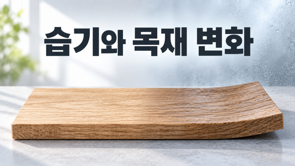 습기를 흡수한 목재에서 재료 변화가 나타나는 원리 1 공기 중 습기를 흡수하면서 원목 판재의 한쪽 가장자리가 서서히 휘어 올라가는 모습을 표현한 이미지