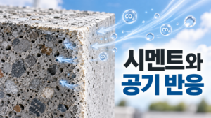 시멘트 재료가 공기와 반응하면서 나타나는 재료 변화의 과정 8 공기 중 이산화탄소가 시멘트 표면과 내부 기공으로 이동하며 재료 변화가 진행되는 모습을 표현한 이미지