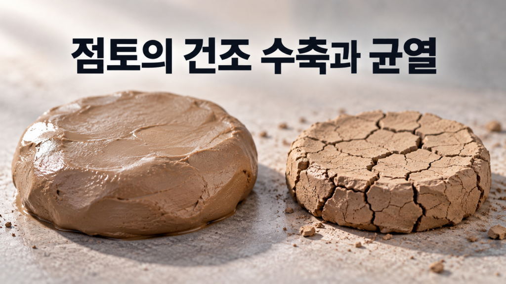 점토가 마르는 동안 수축하고 갈라지는 재료 변화의 원리 1 수분이 남아 있어 표면이 매끄러운 젖은 점토와 건조되면서 부피가 줄어들고 표면에 균열이 발생한 점토를 비교한 이미지