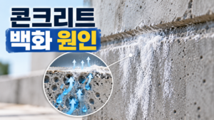 콘크리트 표면에 하얀 가루가 나타나는 재료 변화의 원인 9 콘크리트 내부의 수분이 공극을 따라 표면으로 이동하고 증발하면서 하얀 백화가 나타나는 과정을 표현한 이미지