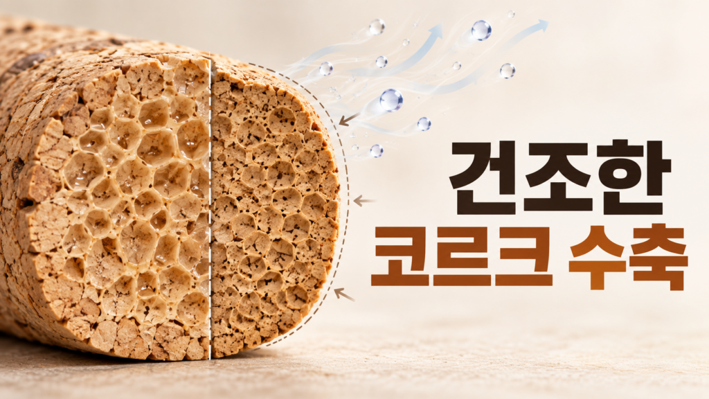코르크가 건조한 환경에서 수축하는 재료 변화의 원리 1 건조한 공기 속에서 코르크 내부의 수분이 줄어들며 세포 구조와 부피가 미세하게 수축하는 모습을 표현한 이미지