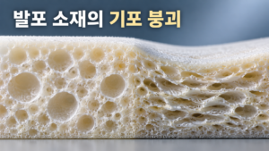 발포 소재의 내부 기포 구조가 무너지면서 나타나는 재료 변화 4 발포 소재의 정상적인 내부 기포 구조와 압축으로 기포 벽이 찌그러지고 일부 붕괴된 단면을 비교한 이미지