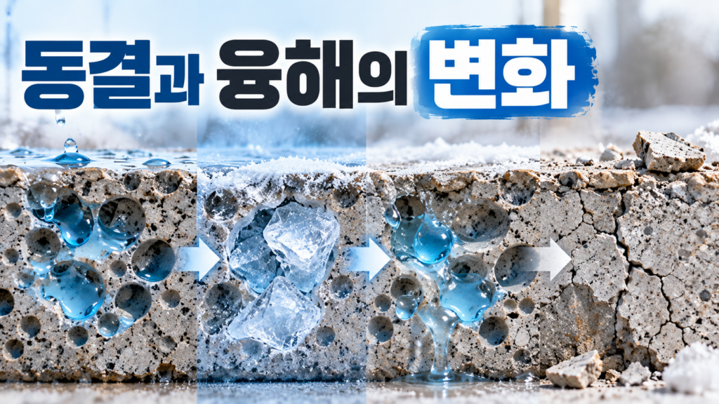 물이 얼고 녹는 과정이 다공성 재료 변화를 만드는 이유 1 다공성 재료의 공극에 스며든 물이 얼고 녹으면서 내부에 미세한 균열과 재료 변화를 만드는 과정을 표현한 이미지