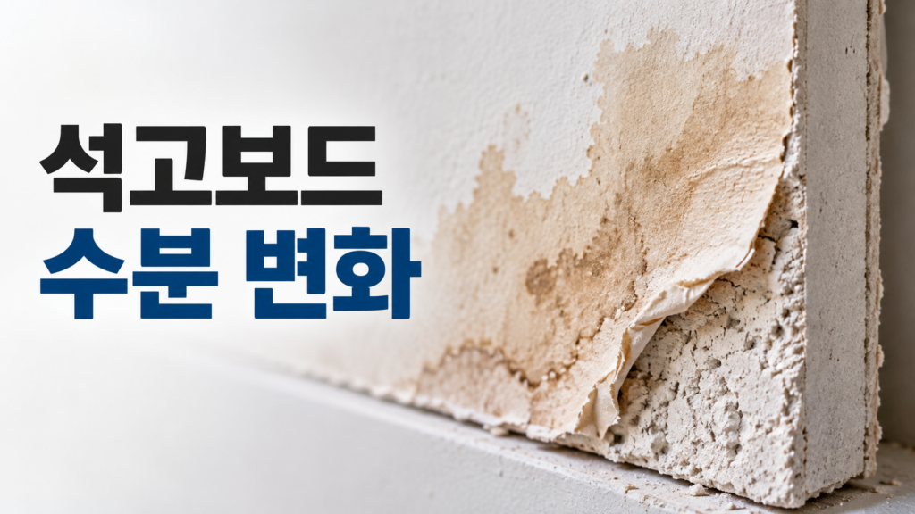 석고보드가 수분을 흡수했을 때 나타나는 재료 변화의 특징 1 수분을 흡수한 석고보드의 표면에 얼룩과 표면지 들뜸이 발생하고 내부 석고 심재가 일부 드러난 모습
