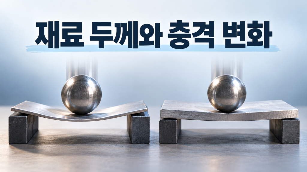 재료의 두께에 따라 같은 충격에서도 재료 변화가 달라지는 이유 1 동일한 충격 조건에서 얇은 금속판과 두꺼운 금속판의 굽힘 변형 차이를 비교한 이미지