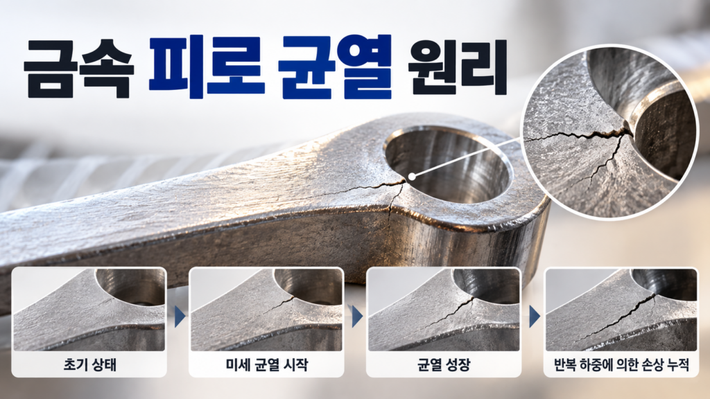 금속이 반복적인 하중을 받을 때 피로 균열이 생기는 재료 변화 1 반복 하중을 받은 금속의 가장자리에서 미세한 피로 균열이 시작되어 내부로 성장하는 과정을 표현한 이미지
