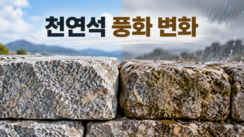 천연석이 비와 바람에 오래 노출되면서 나타나는 재료 변화 1 비와 바람에 오래 노출되어 표면이 거칠어지고 모서리가 닳은 천연석의 변화를 비교해 보여주는 대표 이미지