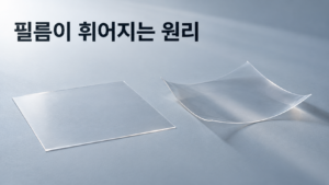 필름 재료가 장기간 보관되면서 휘어지는 재료 변화는 왜 생길까 5 평평하게 펼쳐진 플라스틱 필름과 장기간 보관으로 가장자리가 말리고 휘어진 반투명 필름을 비교한 이미지