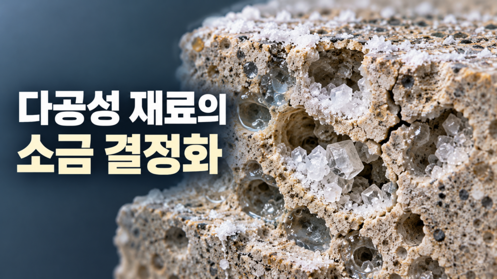 다공성 재료 내부에서 소금 결정이 자라며 생기는 재료 변화의 원리 1 다공성 석재 내부의 미세한 기공에서 흰색 소금 결정이 성장하고 주변 재료에 균열이 형성되는 모습을 표현한 단면 이미지