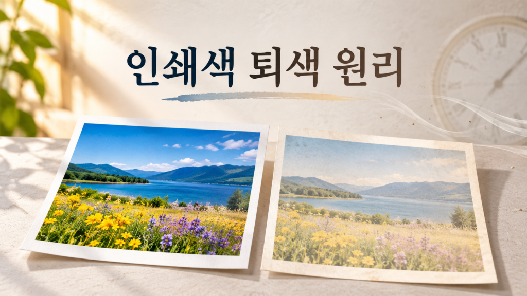 종이에 인쇄된 색이 시간이 지나며 옅어지는 재료 변화의 원리 1 선명한 인쇄 종이와 색이 바랜 인쇄 종이를 비교해 종이에 인쇄된 색이 시간이 지나며 옅어지는 원리를 보여주는 대표 이미지