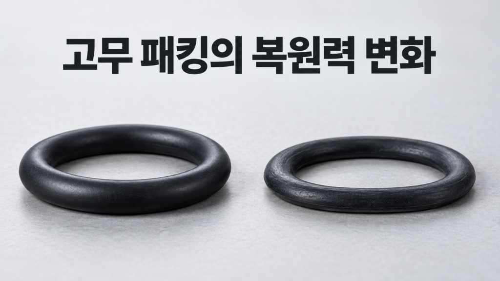 고무 패킹이 반복 압축으로 복원력을 잃는 재료 변화의 과정 1 정상적인 원형 고무 패킹과 반복 압축으로 단면이 납작해진 고무 패킹을 나란히 비교한 이미지