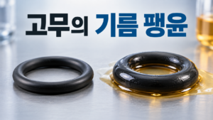 고무가 기름과 접촉했을 때 부풀어 오르는 재료 변화의 원리 4 기름과 접촉하지 않은 검은색 고무 오링과 기름을 흡수해 단면이 두꺼워진 고무 오링을 비교한 이미지