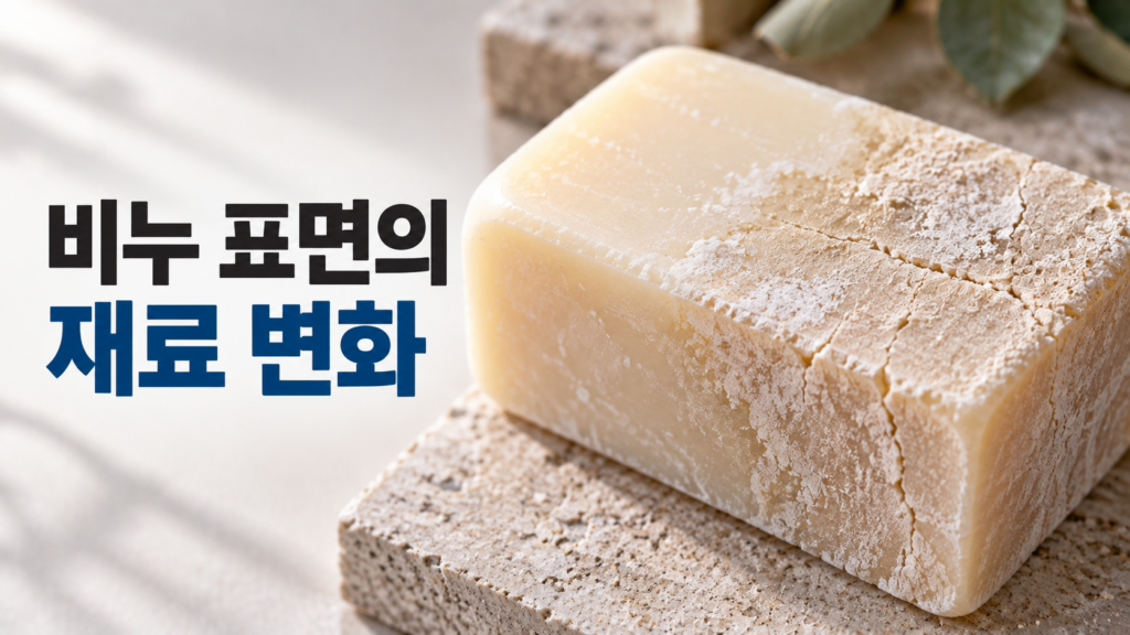 비누가 장기간 공기에 노출되면서 표면이 달라지는 재료 변화 1 장기간 공기에 노출된 고체 비누의 표면에 건조로 인한 미세한 균열과 흰색 결정성 표면층이 형성된 모습을 보여주는 이미지