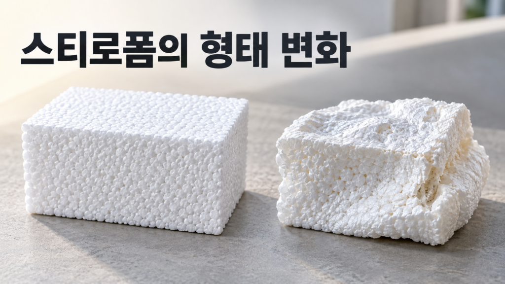 스티로폼이 특정 환경에서 형태를 잃는 재료 변화의 과정 1 정상적인 흰색 스티로폼 블록과 열에 의해 수축하고 찌그러진 스티로폼 블록을 나란히 비교한 이미지.