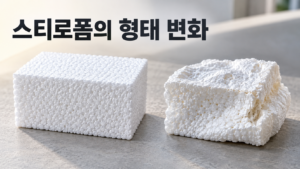 스티로폼이 특정 환경에서 형태를 잃는 재료 변화의 과정 3 정상적인 흰색 스티로폼 블록과 열에 의해 수축하고 찌그러진 스티로폼 블록을 나란히 비교한 이미지.