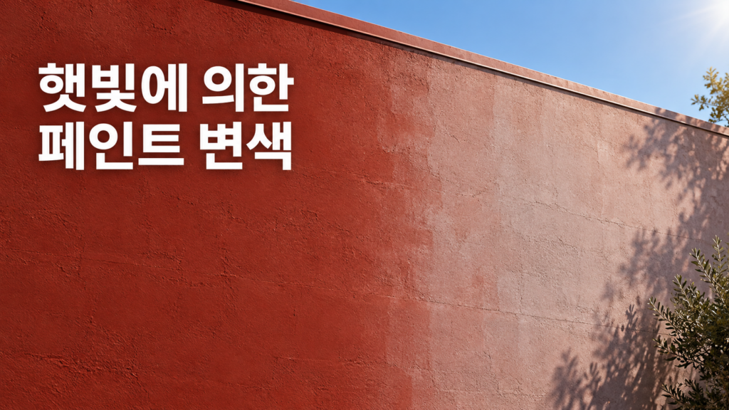 페인트가 햇빛에 오래 노출되면 색이 바래는 재료 변화의 원인 1 햇빛에 장기간 노출된 붉은색 페인트 외벽의 색이 옅어지고 표면 광택이 감소한 모습을 비교한 이미지