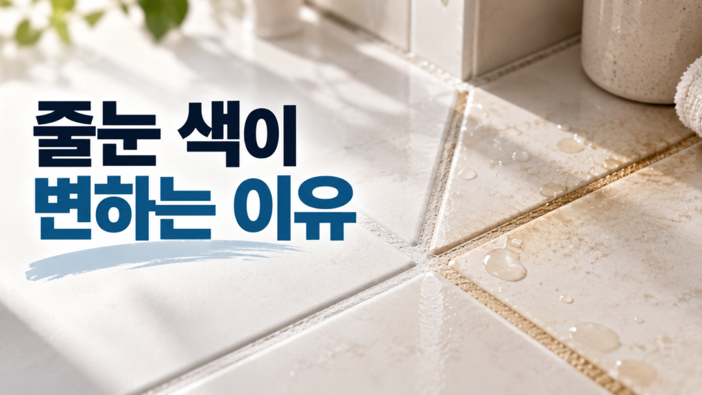 타일 줄눈의 색이 시간이 지나며 달라지는 재료 변화의 원인 1 시간이 지나며 일부 줄눈이 어두워지고 누렇게 변한 타일 표면을 표현한 이미지